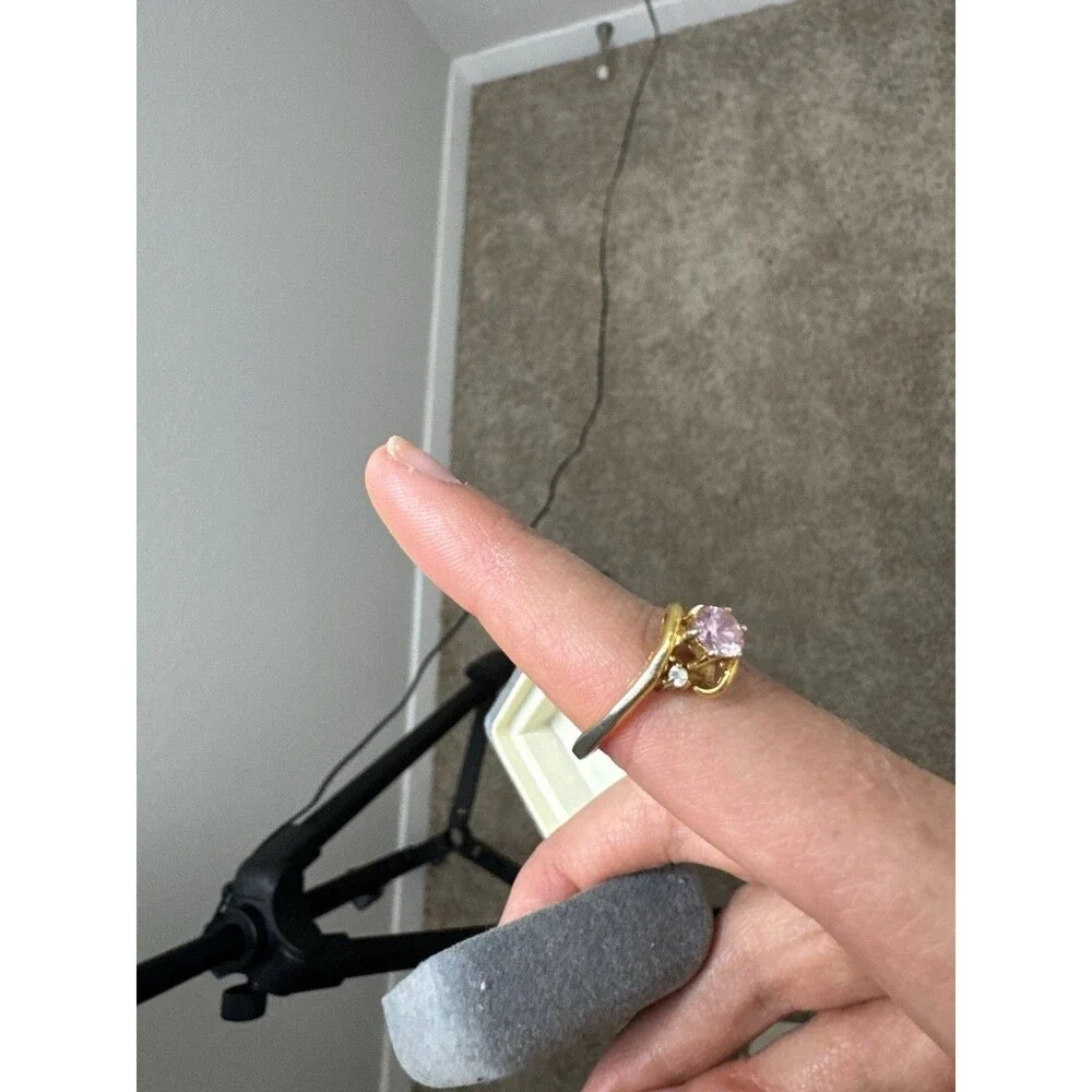 Gold Ring with Pink Round Gemstone and Accent Stones, Sizable